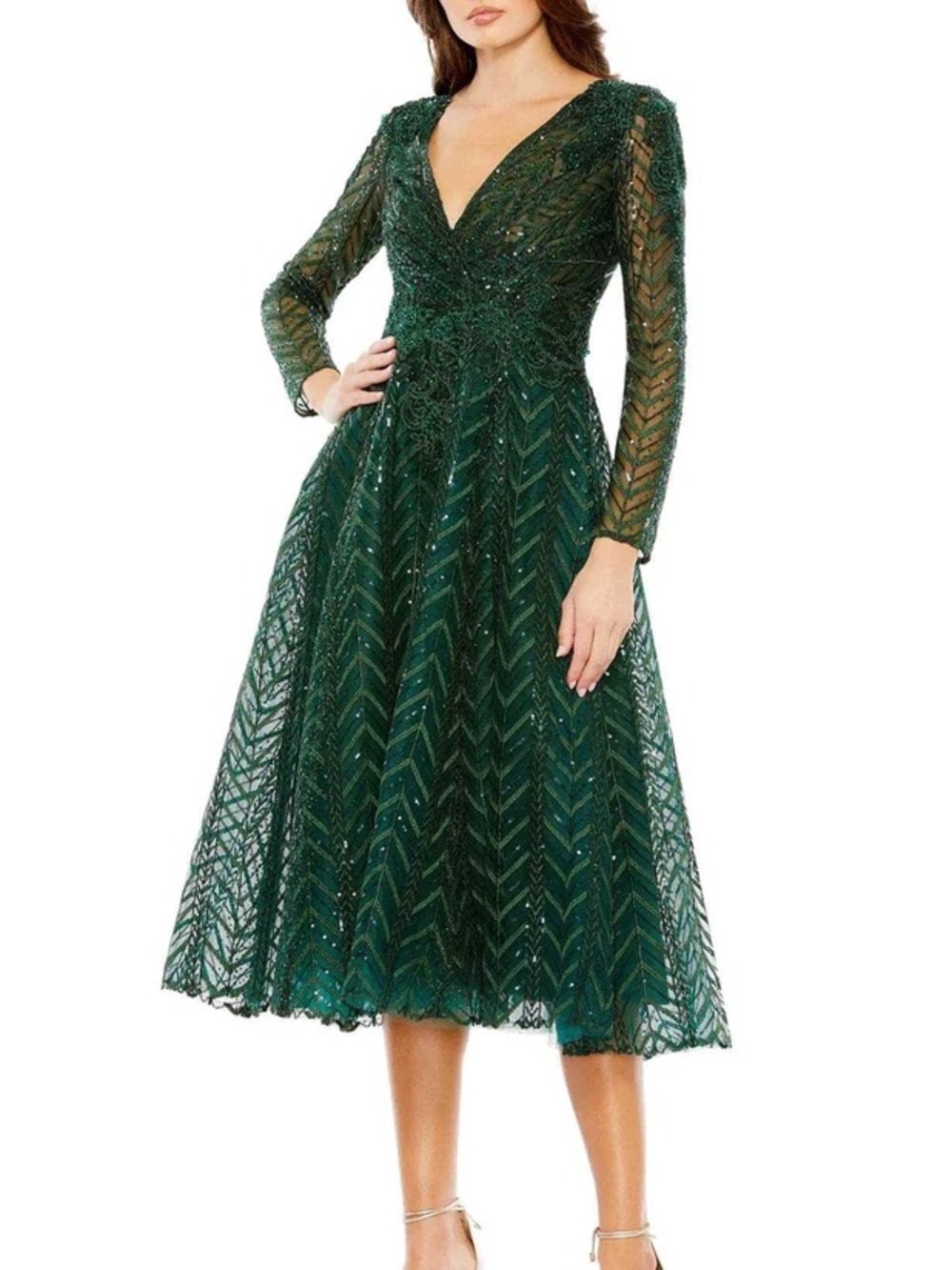 Mac Duggal Emerald Green V-Neck Long Sleeve Midi Dress